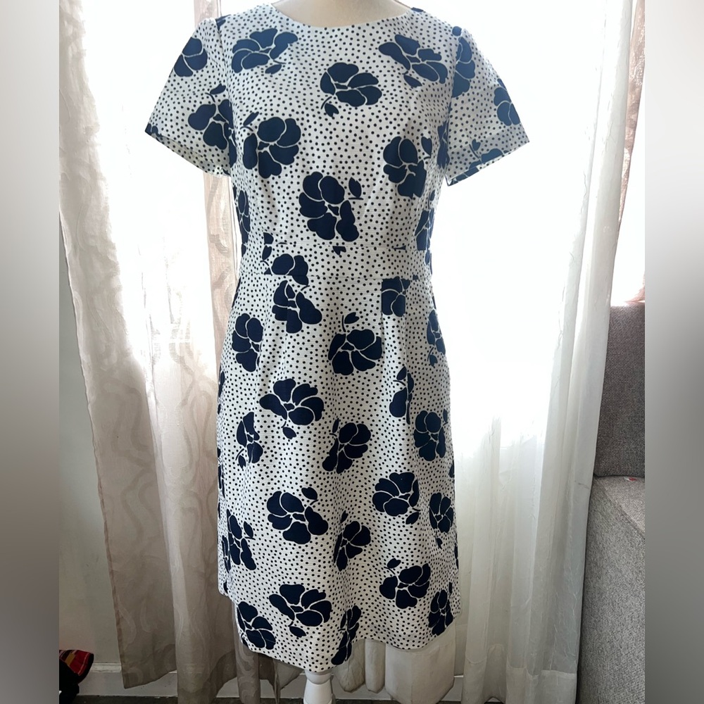 Boden midi sierra primrose textured dress with pockets size 8 navy polka dots - Picture 2 of 5